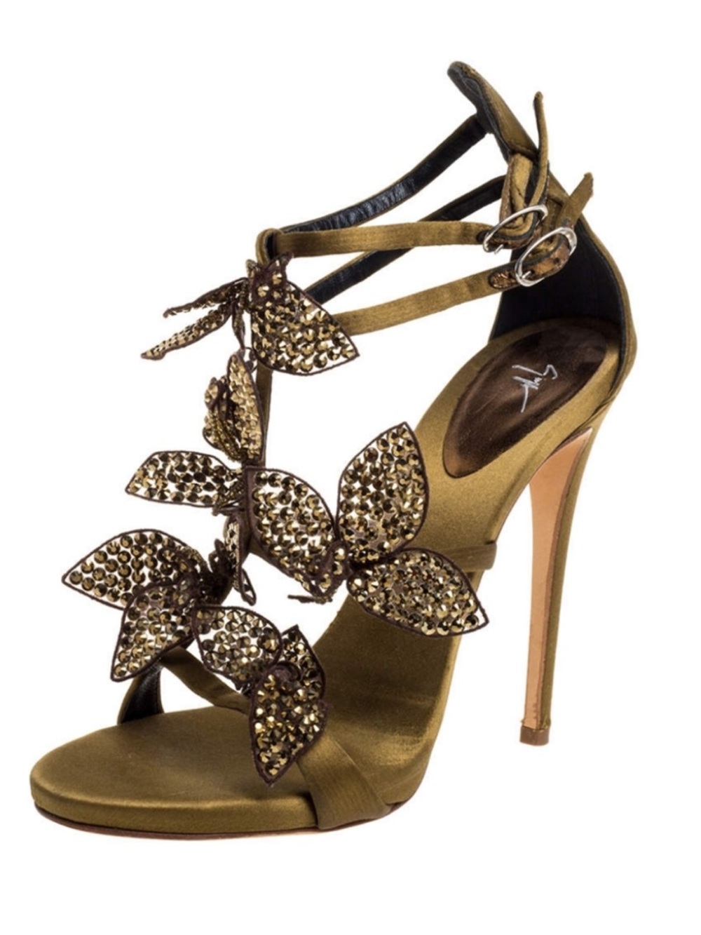 Gold  crystals Embellished Floral T-Strap High Heel Sandal 37/ 7-7.5 US.